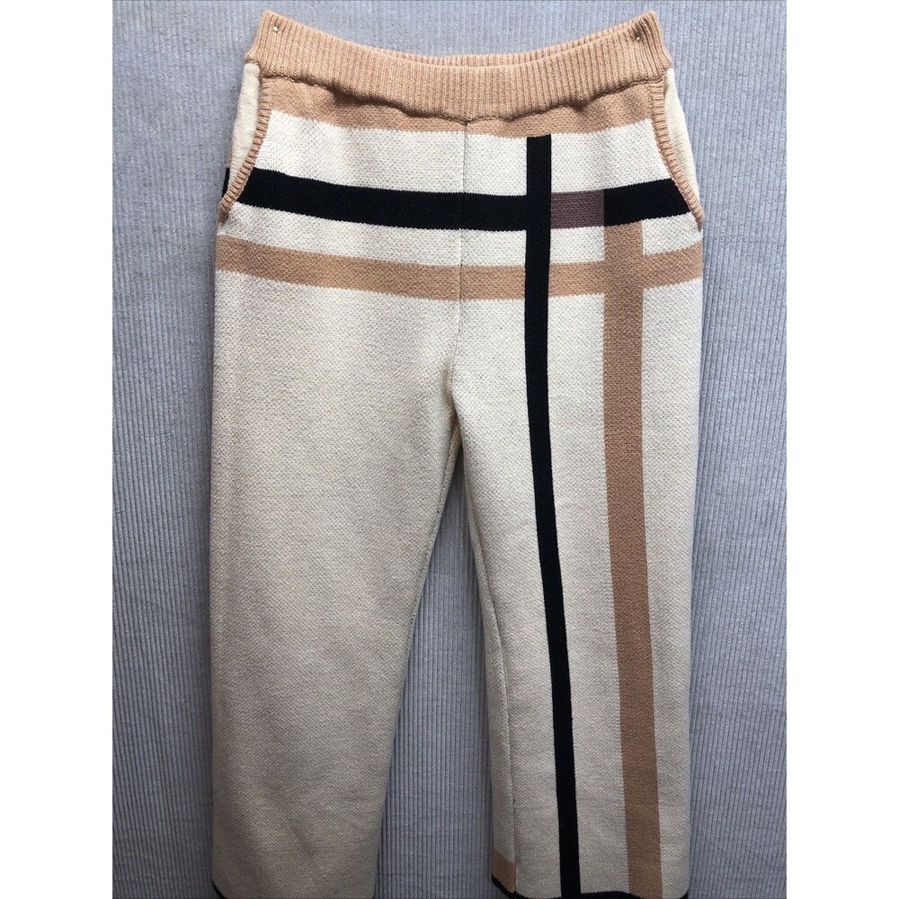 Stylewe Knit Pants Size M Colorblock Stripe Cream Black Tan Pockets